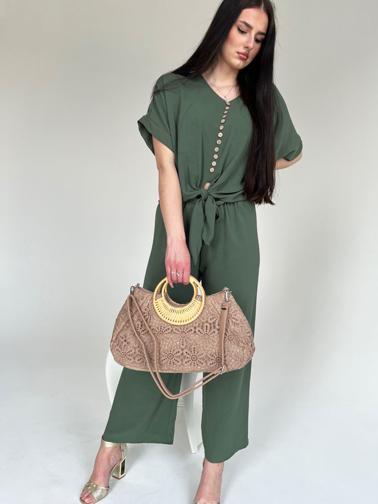Čipkovaná kabelka do ruky a košík na leto khaki