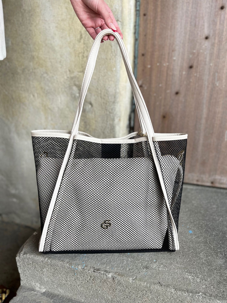 Béžová shopper kabelka na rameno 2v1 GROSSO sieťovaná